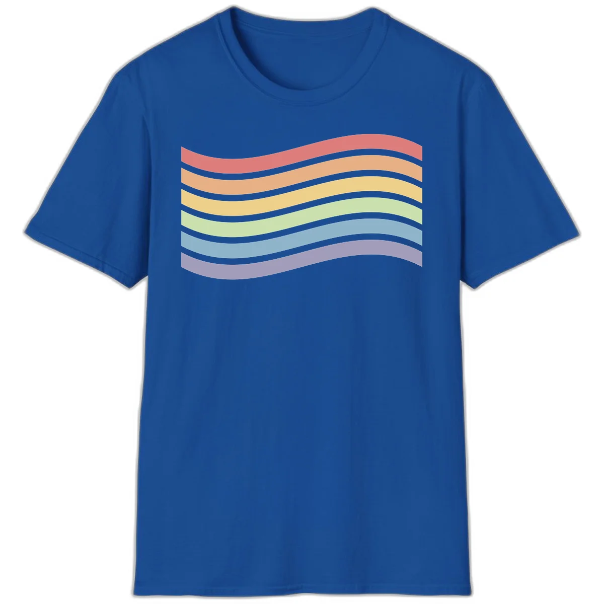 Seven horizontal wavy stripes in rainbow colors separated by gray bands, creating flowing waves against a gray background in Royal
