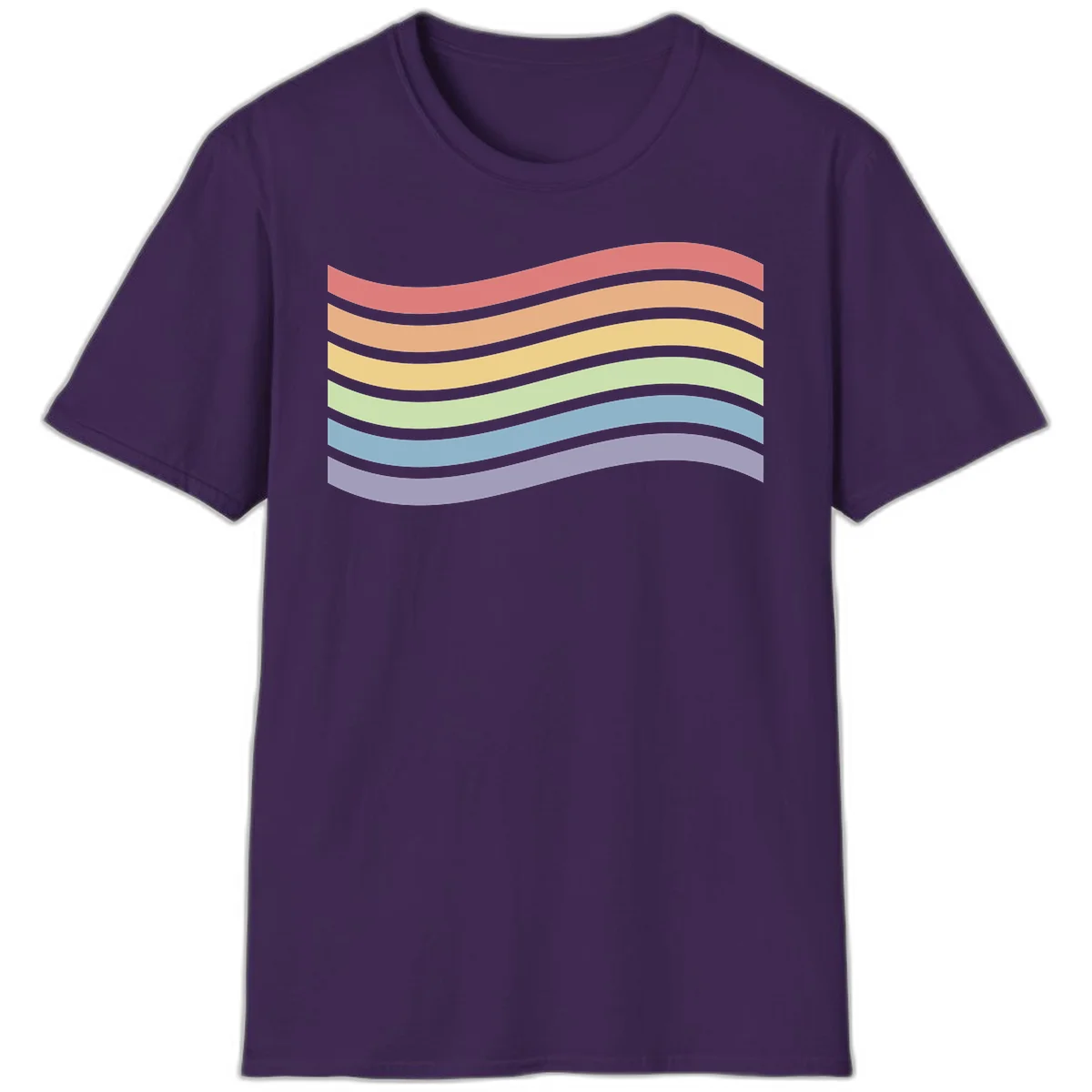 Seven horizontal wavy stripes in rainbow colors separated by gray bands, creating flowing waves against a gray background in Purple