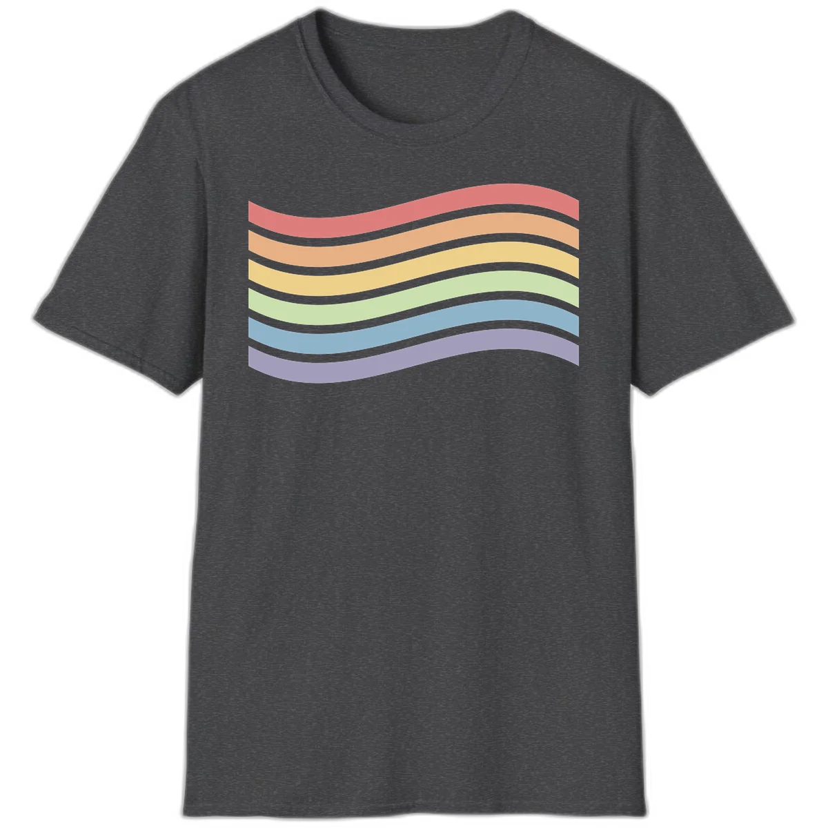 Seven horizontal wavy stripes in rainbow colors separated by gray bands, creating flowing waves against a gray background in Dark Heather