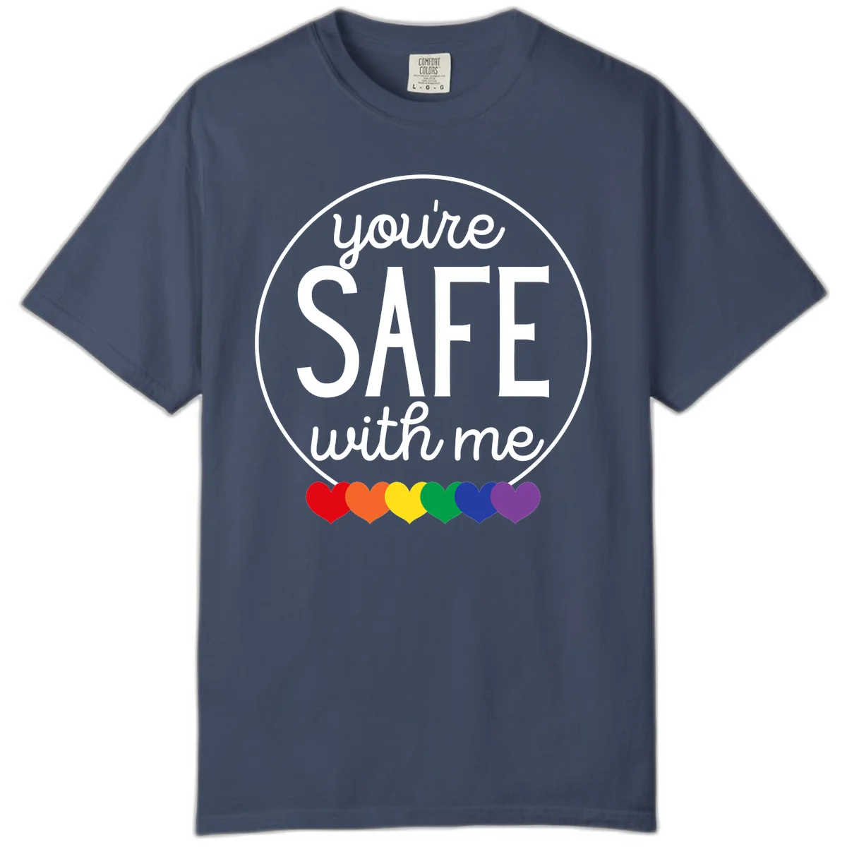 Circular badge with 'you're SAFE with me' text and rainbow pride hearts, promoting inclusive safe space message in Midnight