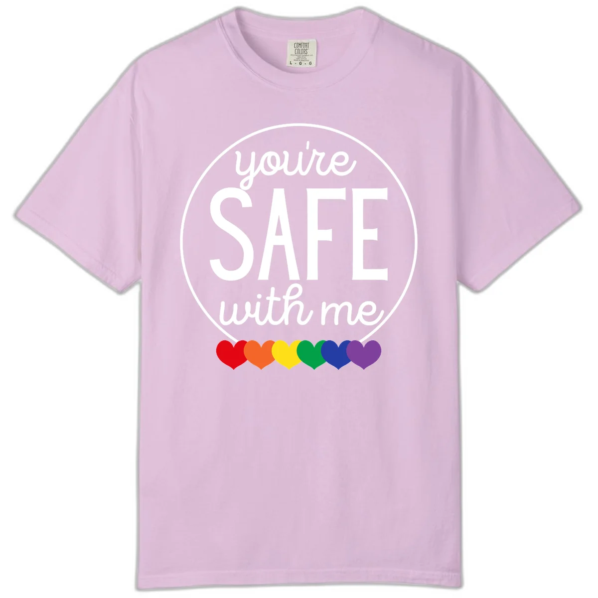 Circular badge with 'you're SAFE with me' text and rainbow pride hearts, promoting inclusive safe space message in Orchid