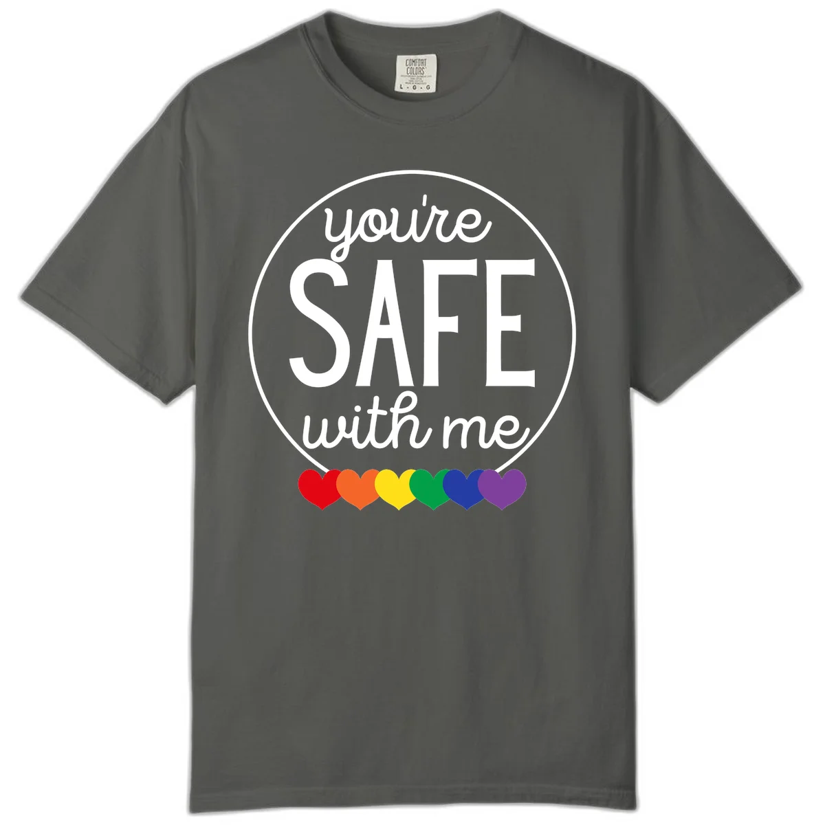 Circular badge with 'you're SAFE with me' text and rainbow pride hearts, promoting inclusive safe space message in Pepper