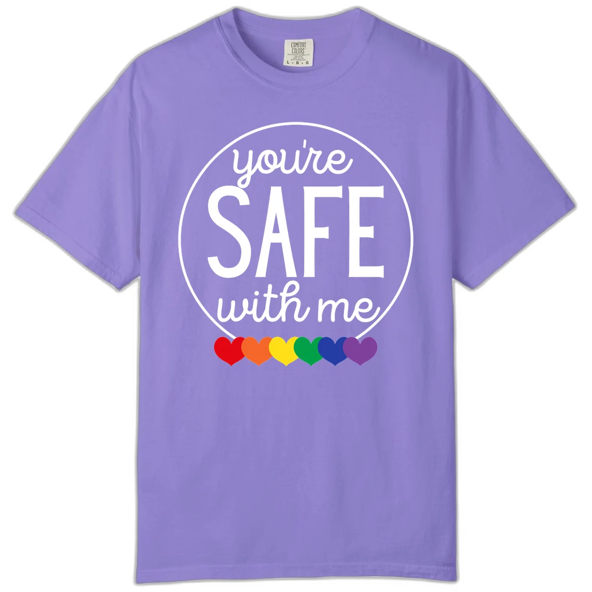 Circular badge with 'you're SAFE with me' text and rainbow pride hearts, promoting inclusive safe space message in Violet