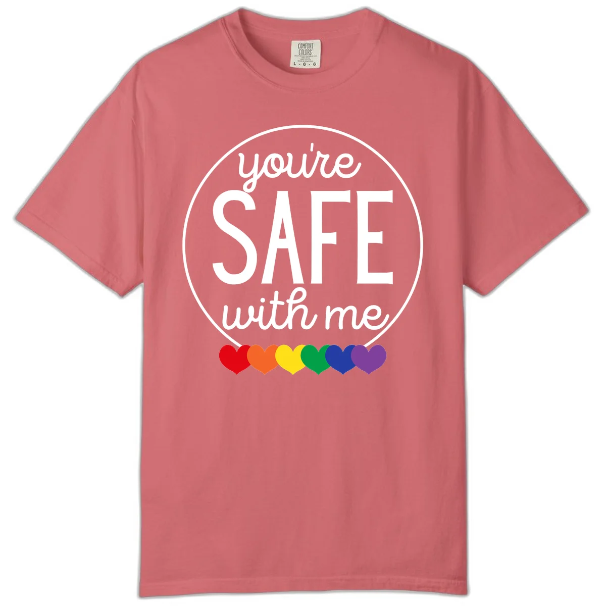 Circular badge with 'you're SAFE with me' text and rainbow pride hearts, promoting inclusive safe space message in Watermelon