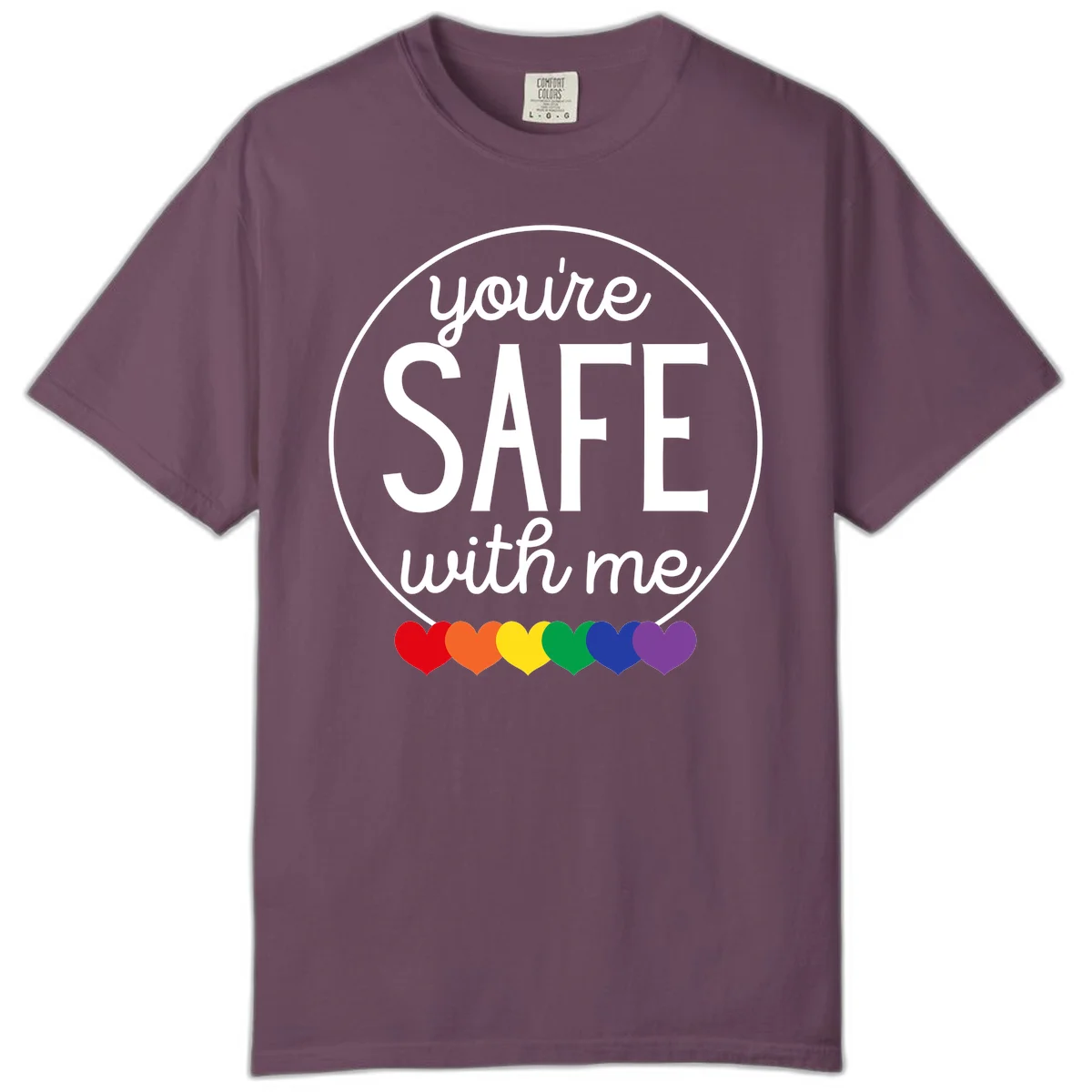 Circular badge with 'you're SAFE with me' text and rainbow pride hearts, promoting inclusive safe space message in Berry
