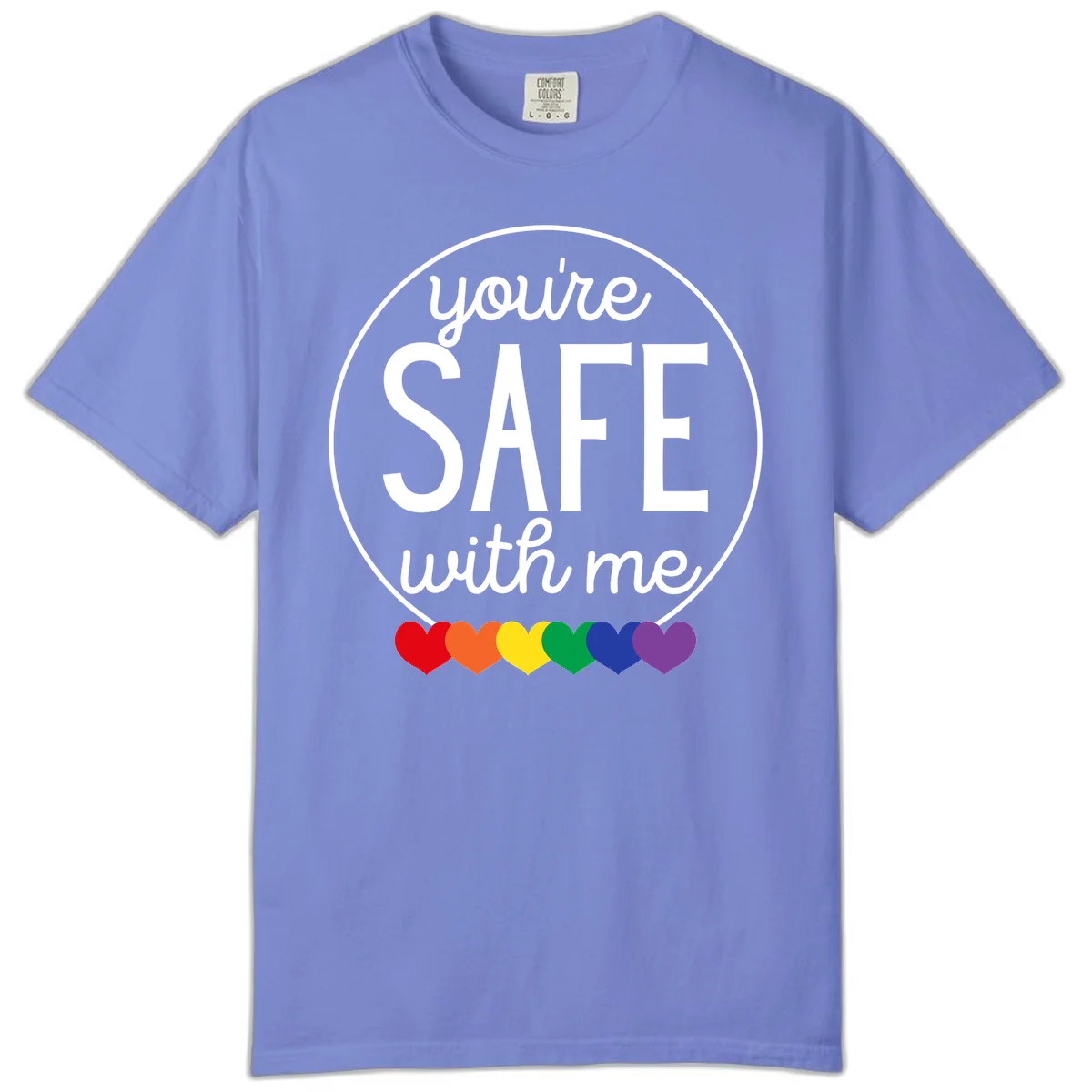 Circular badge with 'you're SAFE with me' text and rainbow pride hearts, promoting inclusive safe space message in Flo Blue