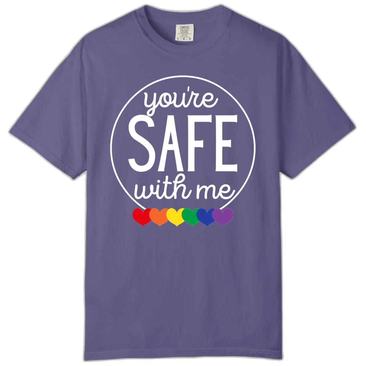 Circular badge with 'you're SAFE with me' text and rainbow pride hearts, promoting inclusive safe space message in Grape