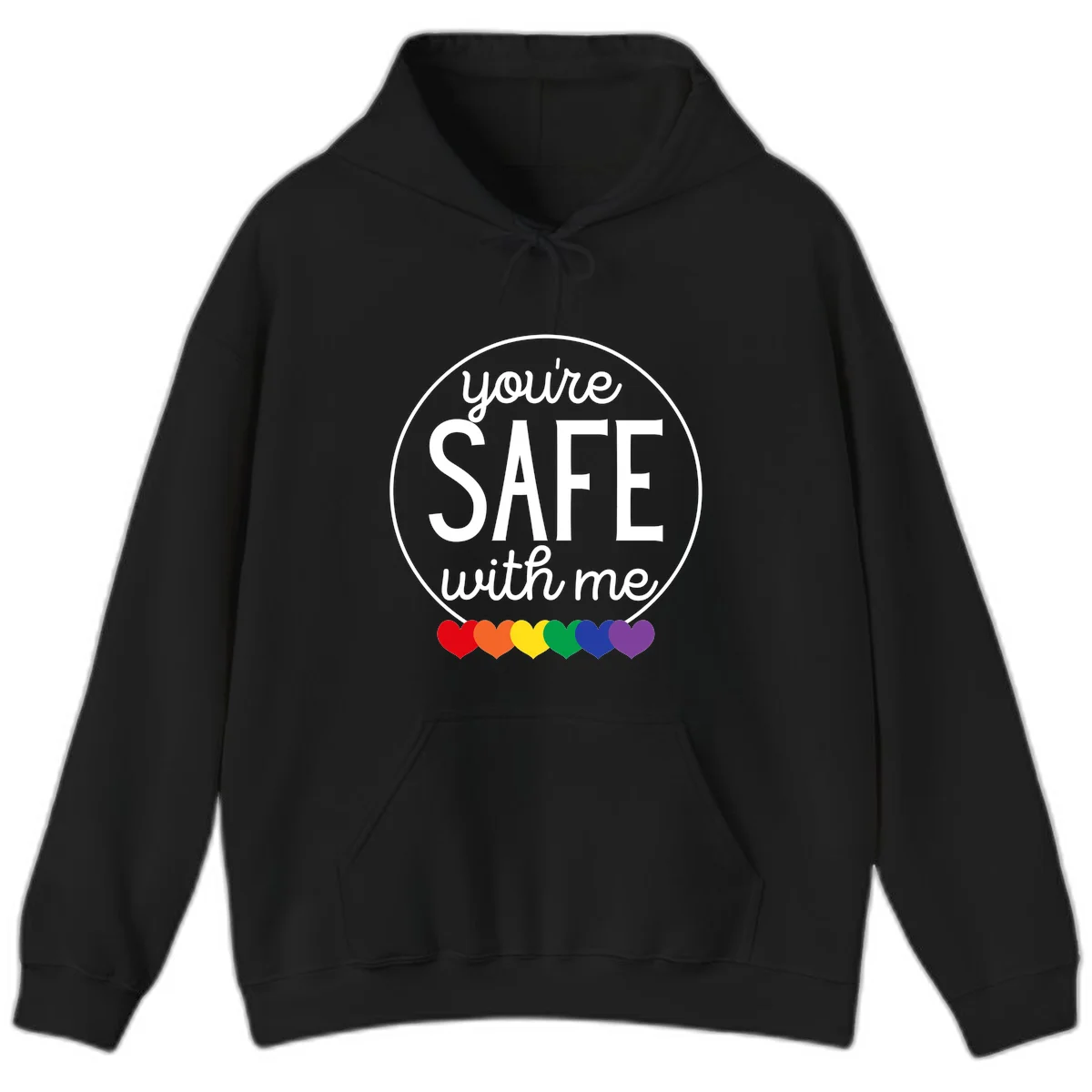 Circular badge with 'you're SAFE with me' text and rainbow pride hearts, promoting inclusive safe space message in Black