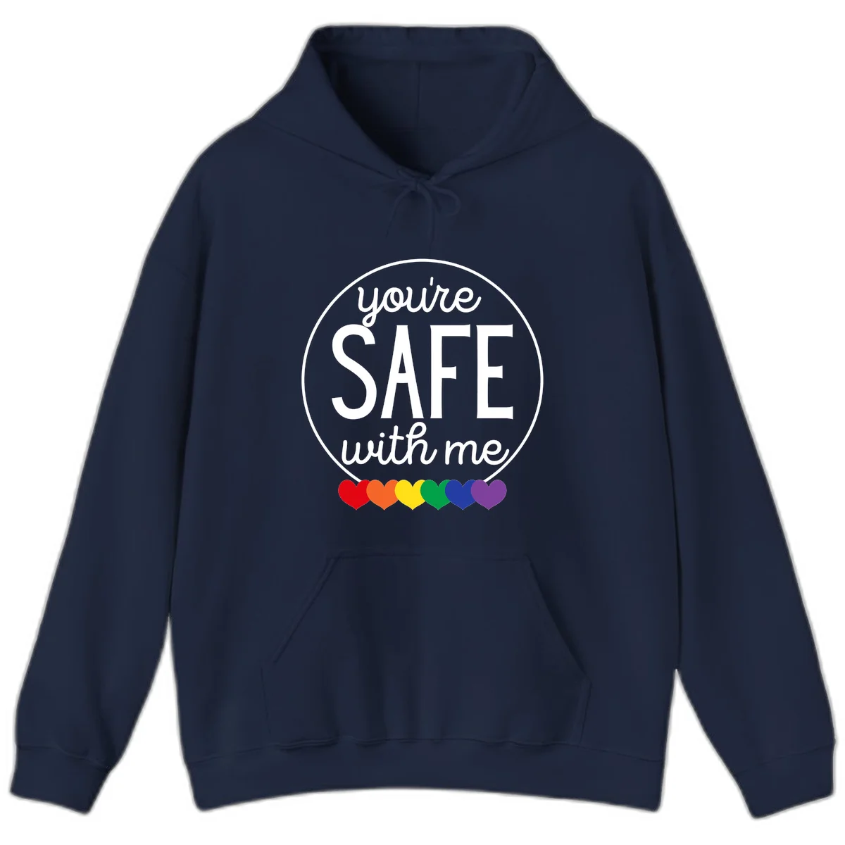 Circular badge with 'you're SAFE with me' text and rainbow pride hearts, promoting inclusive safe space message in Navy