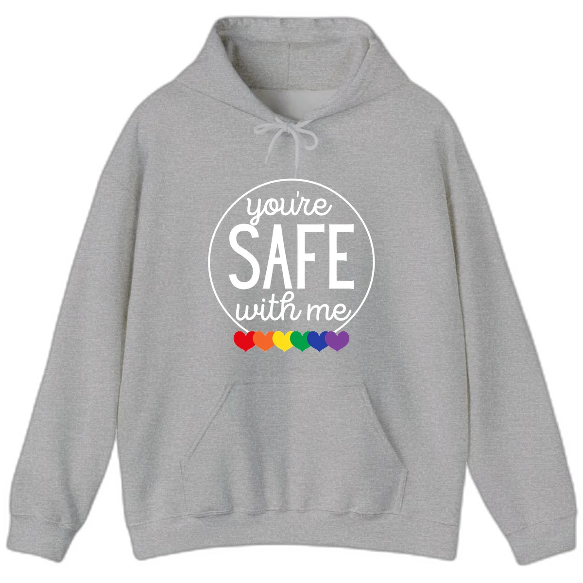 Circular badge with 'you're SAFE with me' text and rainbow pride hearts, promoting inclusive safe space message in Sport Grey