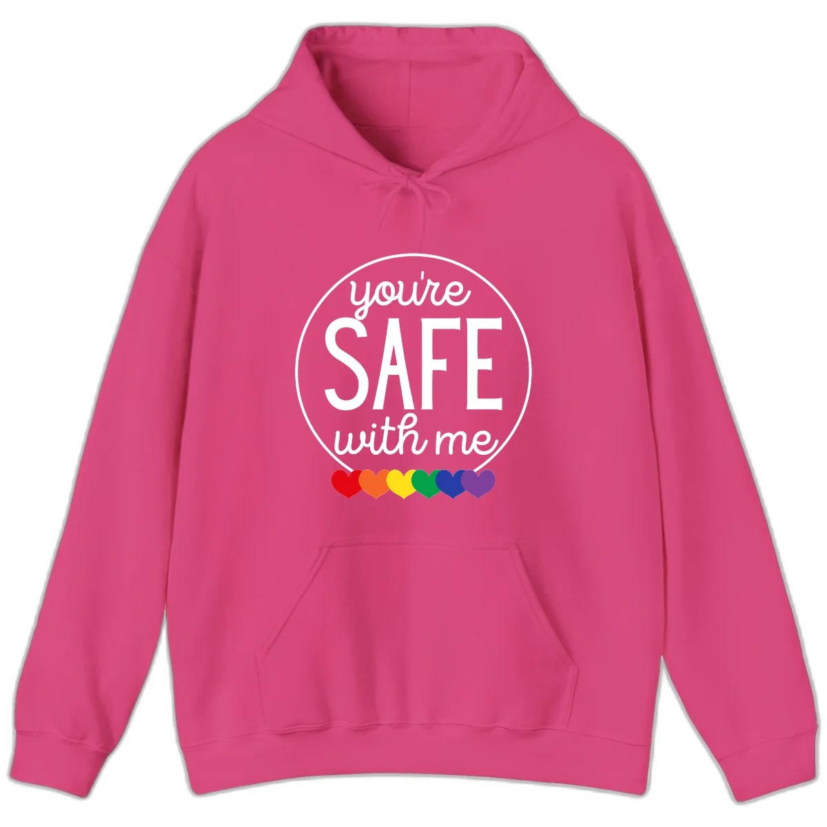 Circular badge with 'you're SAFE with me' text and rainbow pride hearts, promoting inclusive safe space message in Heliconia