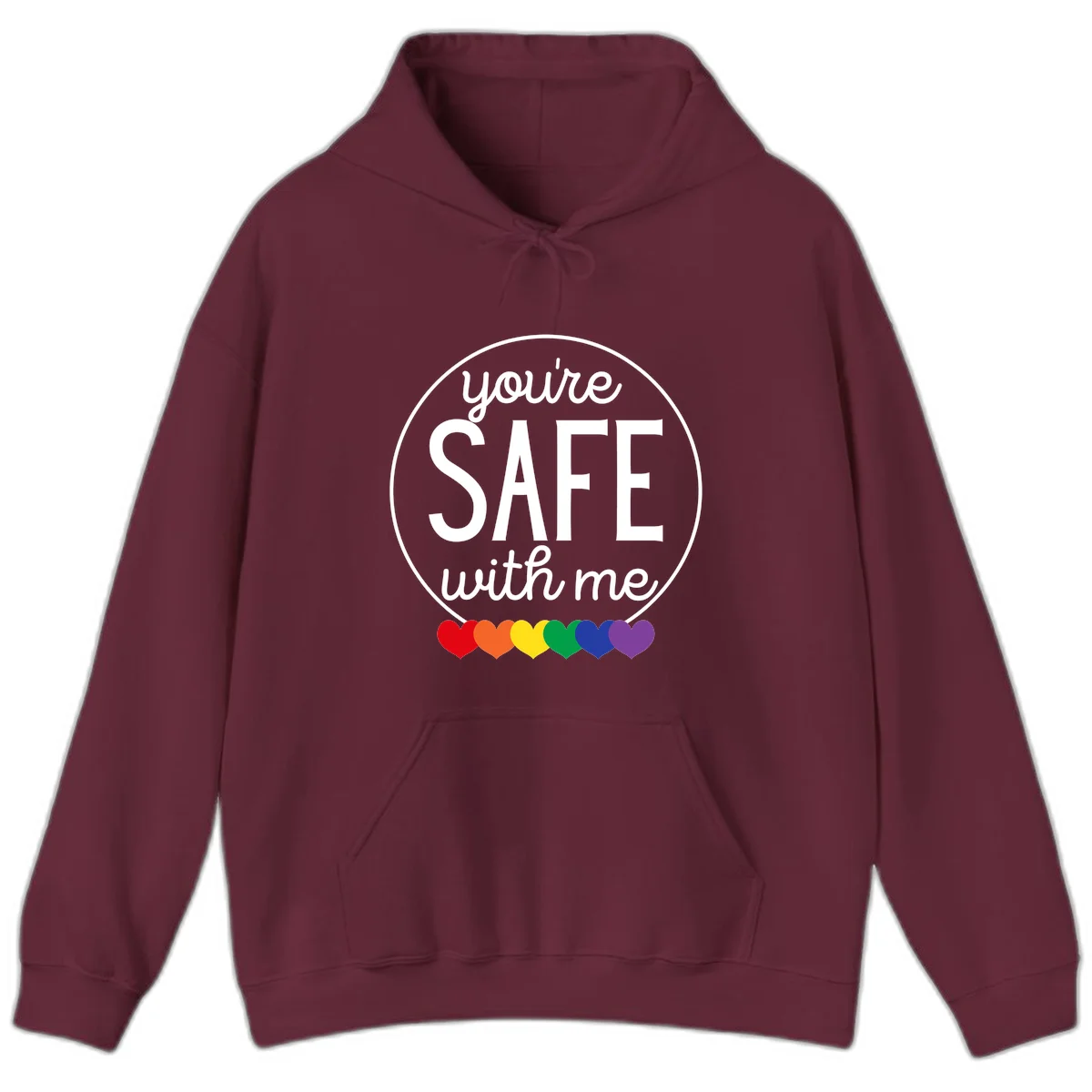 Circular badge with 'you're SAFE with me' text and rainbow pride hearts, promoting inclusive safe space message in Maroon