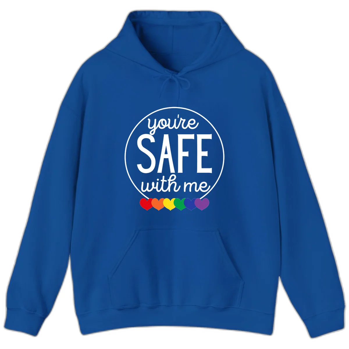 Circular badge with 'you're SAFE with me' text and rainbow pride hearts, promoting inclusive safe space message in Royal