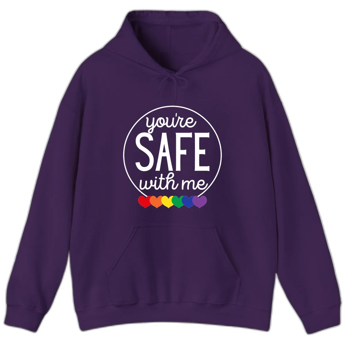 Circular badge with 'you're SAFE with me' text and rainbow pride hearts, promoting inclusive safe space message in Purple
