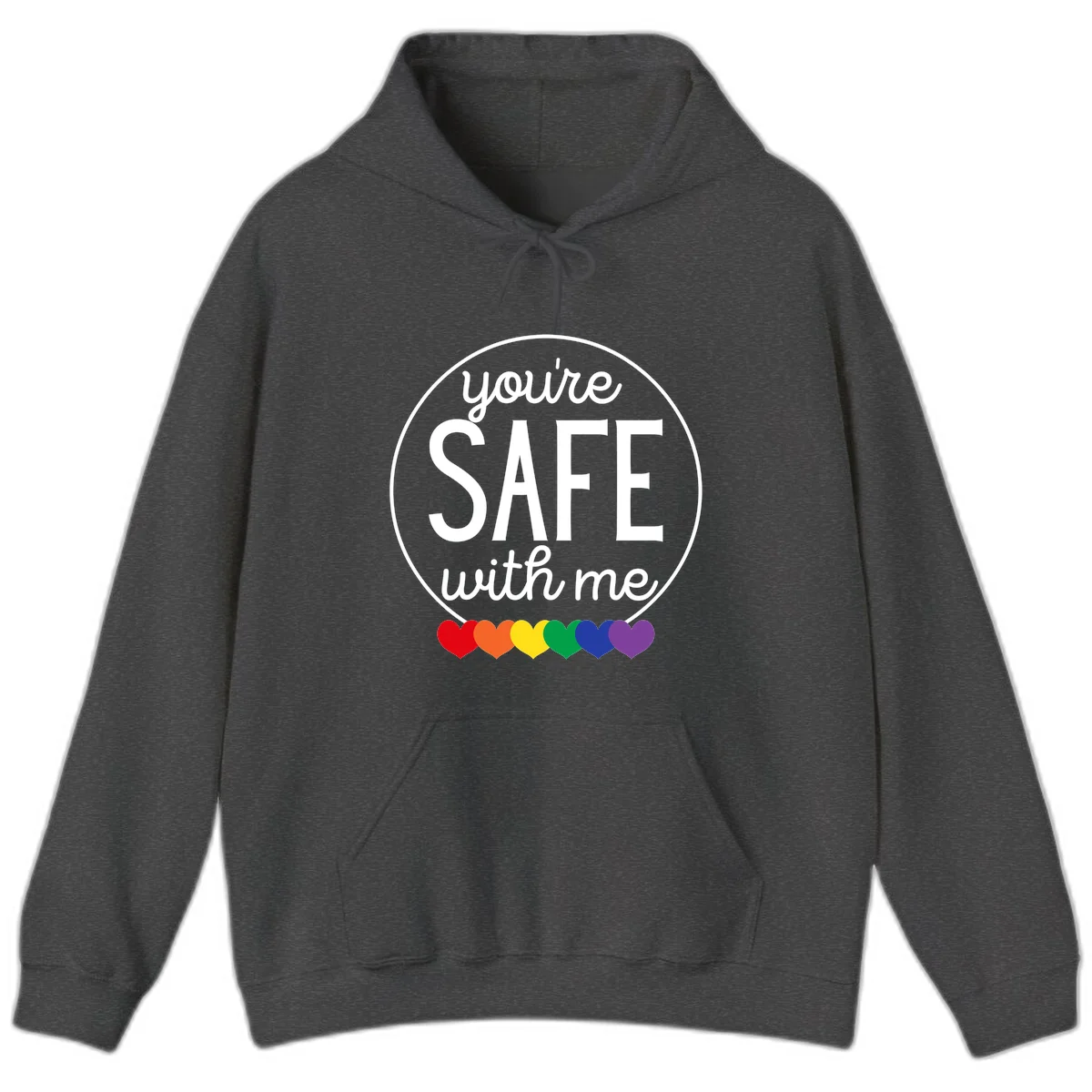 Circular badge with 'you're SAFE with me' text and rainbow pride hearts, promoting inclusive safe space message in Dark Heather