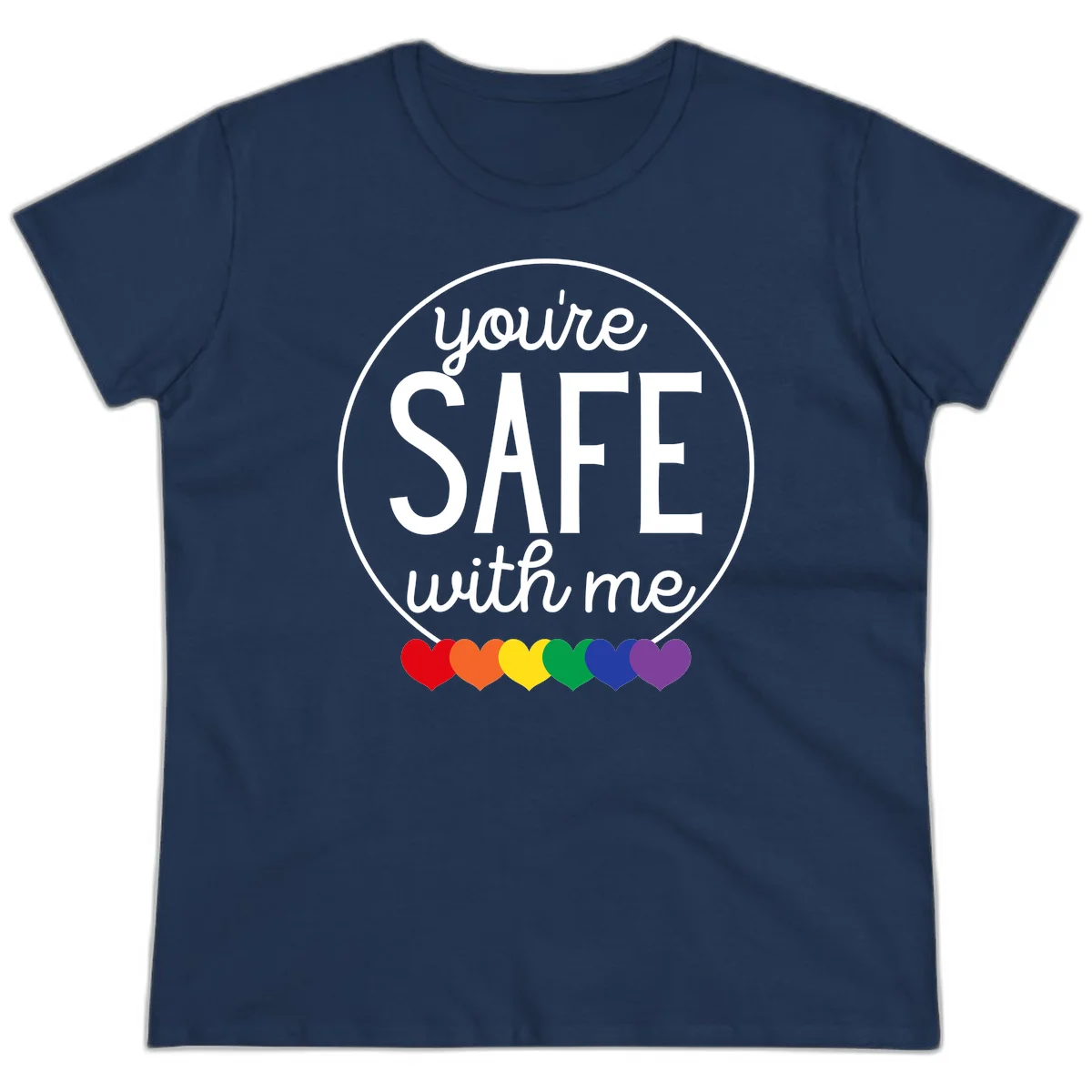 Circular badge with 'you're SAFE with me' text and rainbow pride hearts, promoting inclusive safe space message in Navy