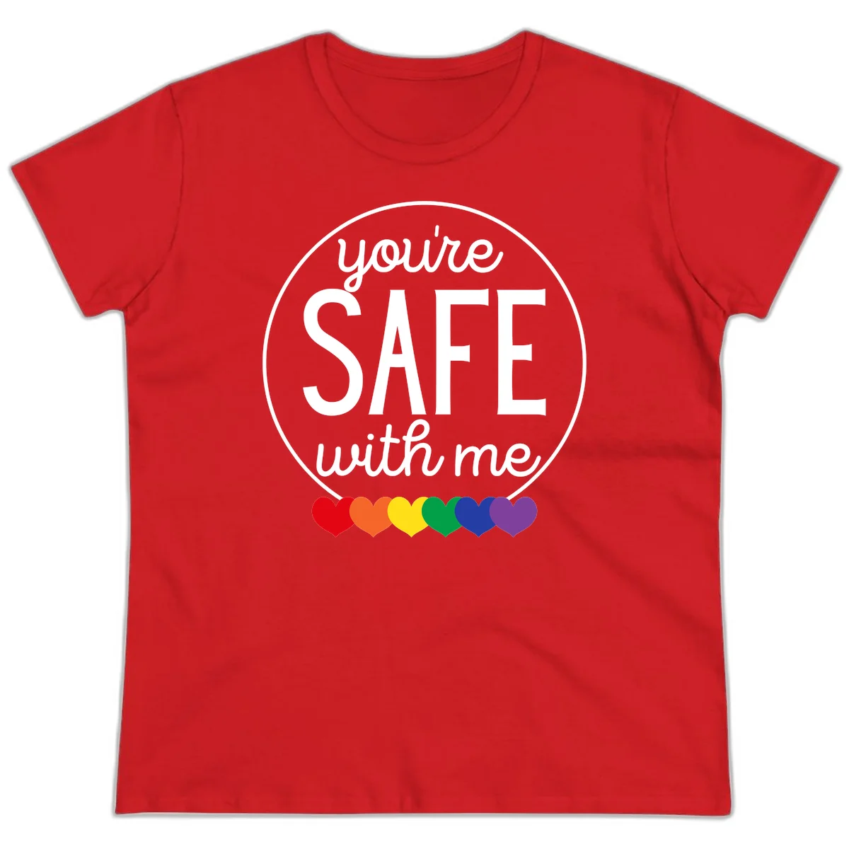 Circular badge with 'you're SAFE with me' text and rainbow pride hearts, promoting inclusive safe space message in Red