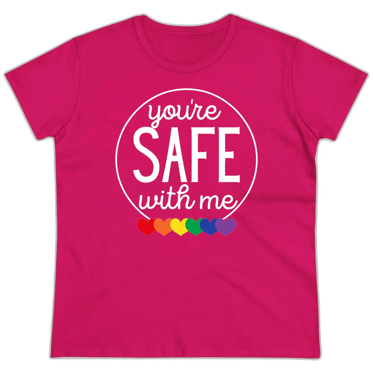 Circular badge with 'you're SAFE with me' text and rainbow pride hearts, promoting inclusive safe space message in Heliconia