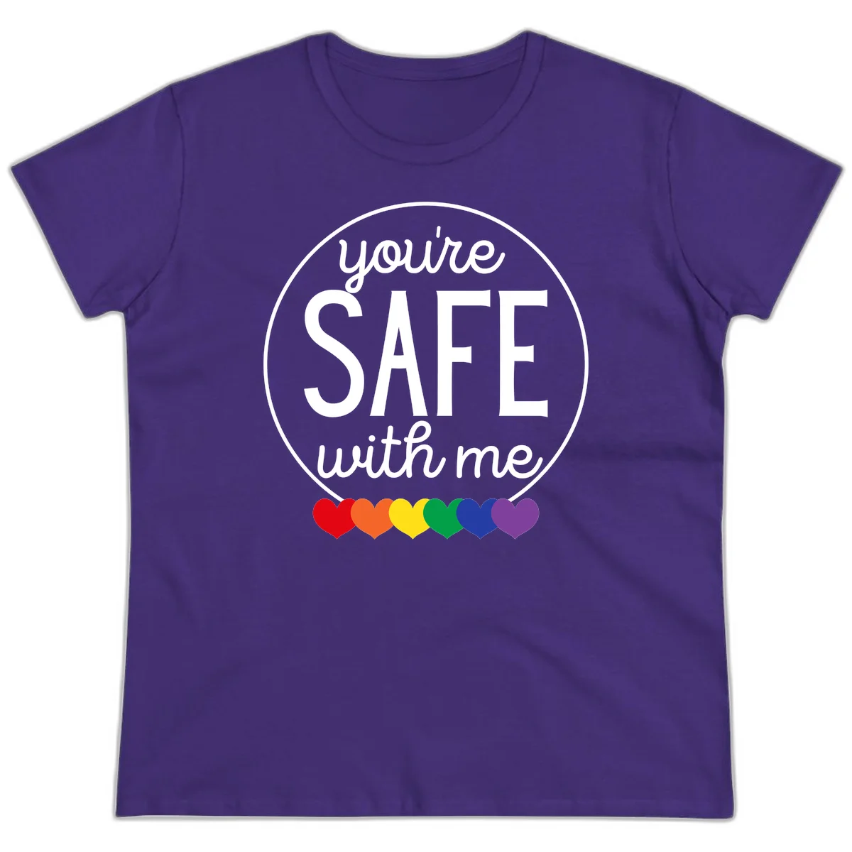 Circular badge with 'you're SAFE with me' text and rainbow pride hearts, promoting inclusive safe space message in Purple