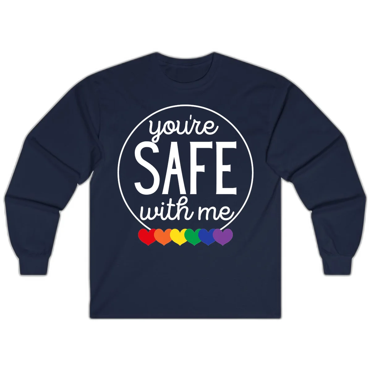 Circular badge with 'you're SAFE with me' text and rainbow pride hearts, promoting inclusive safe space message in Navy