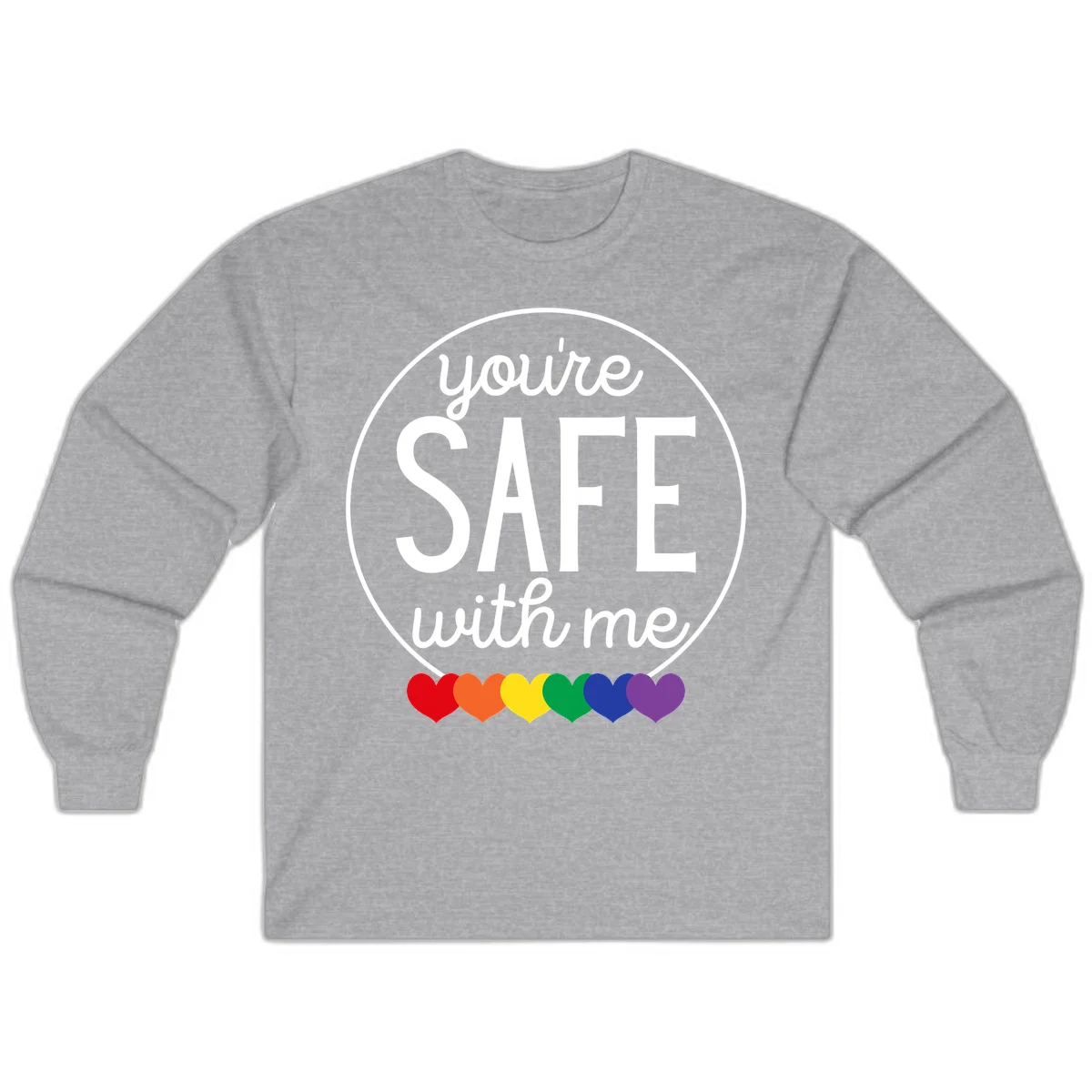 Circular badge with 'you're SAFE with me' text and rainbow pride hearts, promoting inclusive safe space message in Sport Grey