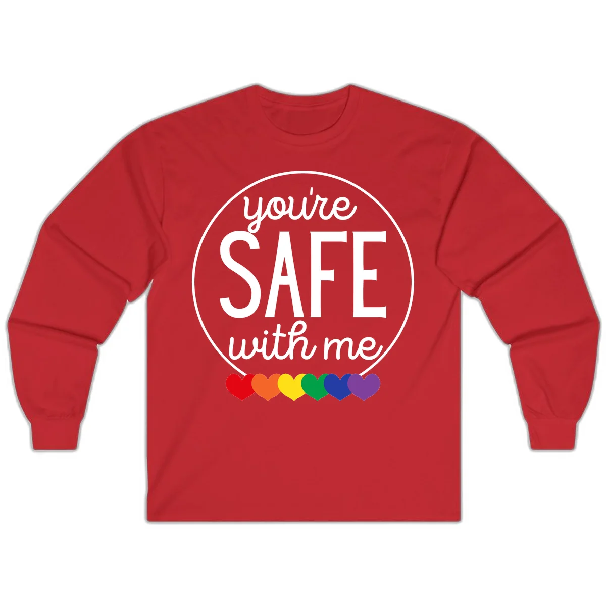Circular badge with 'you're SAFE with me' text and rainbow pride hearts, promoting inclusive safe space message in Red