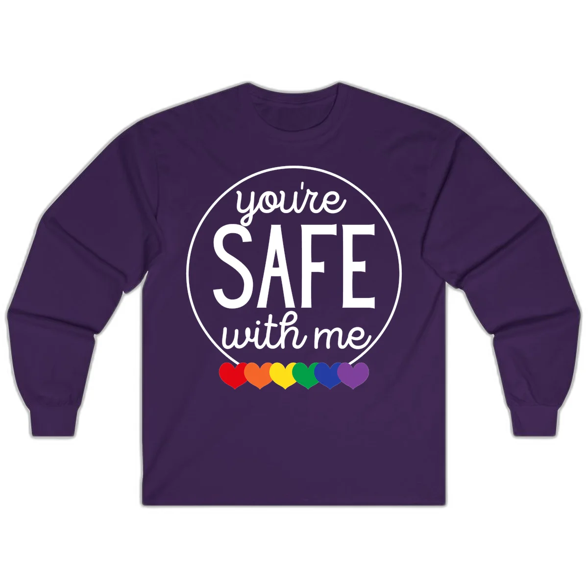 Circular badge with 'you're SAFE with me' text and rainbow pride hearts, promoting inclusive safe space message in Purple