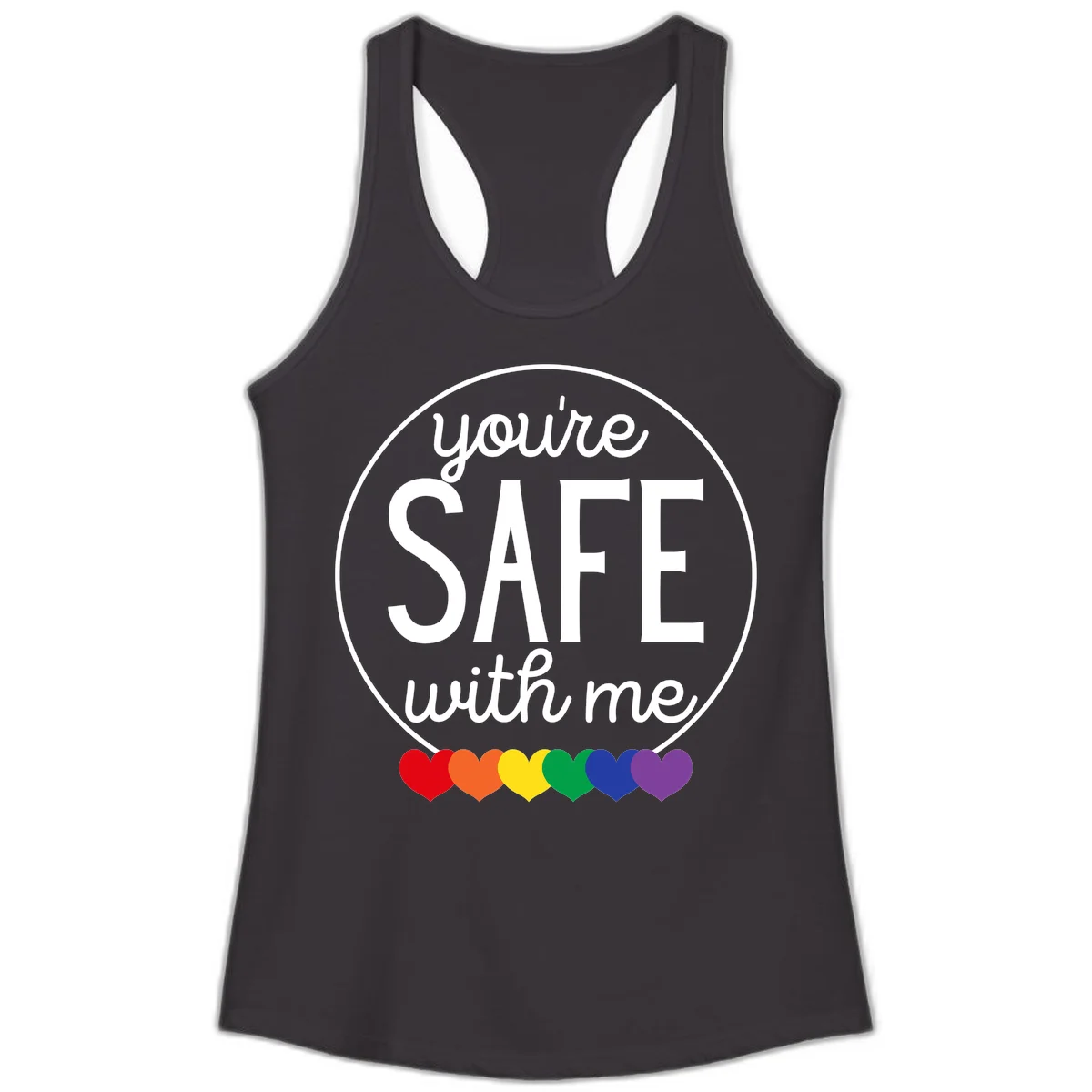 Circular badge with 'you're SAFE with me' text and rainbow pride hearts, promoting inclusive safe space message in Black