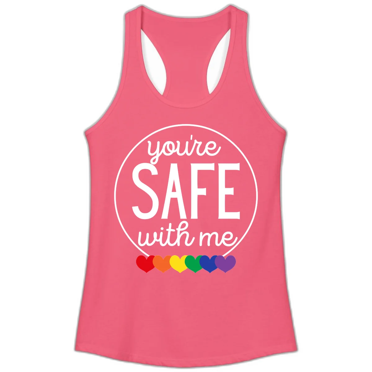 Circular badge with 'you're SAFE with me' text and rainbow pride hearts, promoting inclusive safe space message in Hot Pink