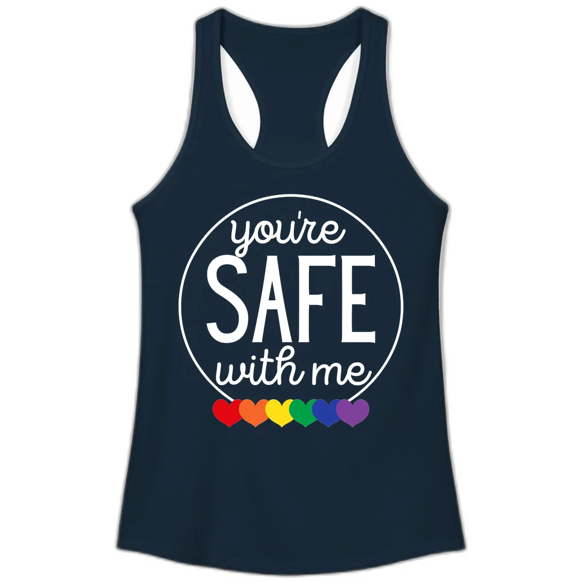 Circular badge with 'you're SAFE with me' text and rainbow pride hearts, promoting inclusive safe space message in Solid Midnight Navy