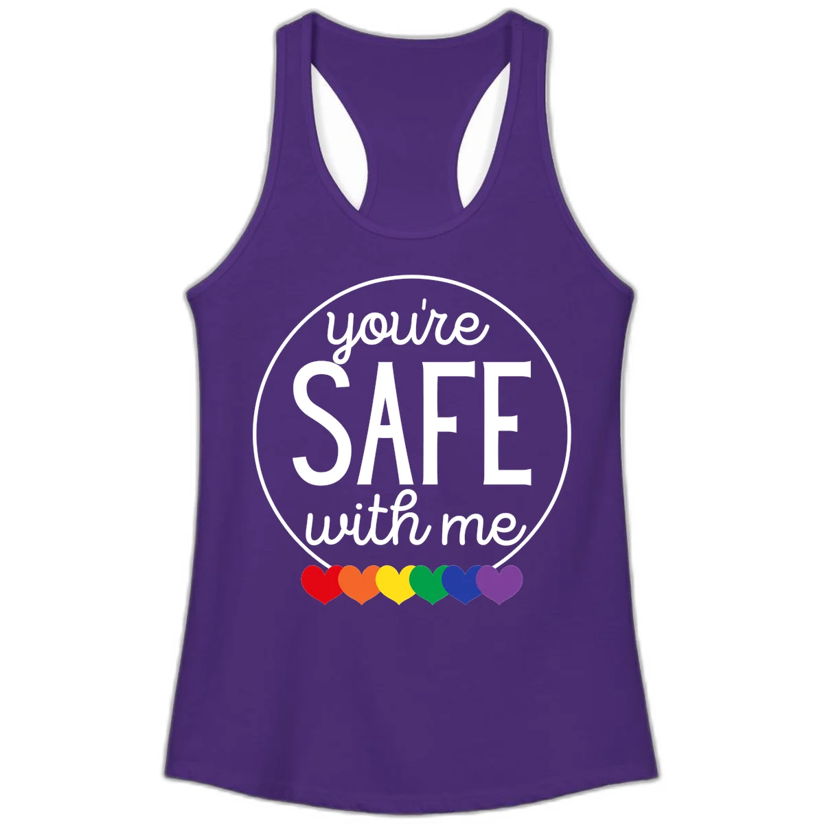 Circular badge with 'you're SAFE with me' text and rainbow pride hearts, promoting inclusive safe space message in Solid Purple Rush