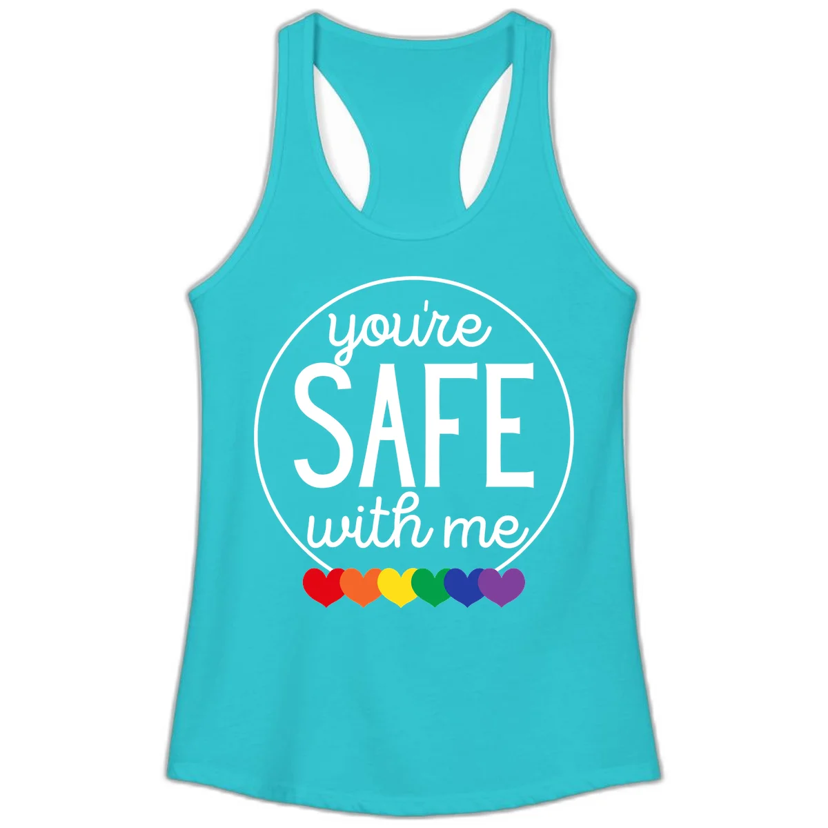 Circular badge with 'you're SAFE with me' text and rainbow pride hearts, promoting inclusive safe space message in Solid Tahiti Blue
