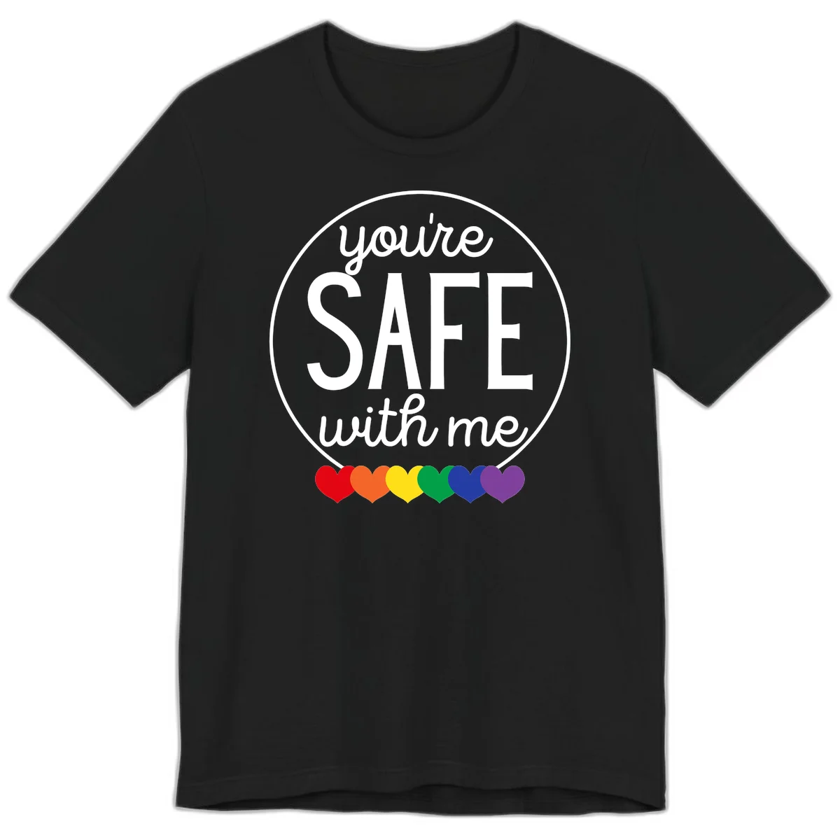 Circular badge with 'you're SAFE with me' text and rainbow pride hearts, promoting inclusive safe space message in Black