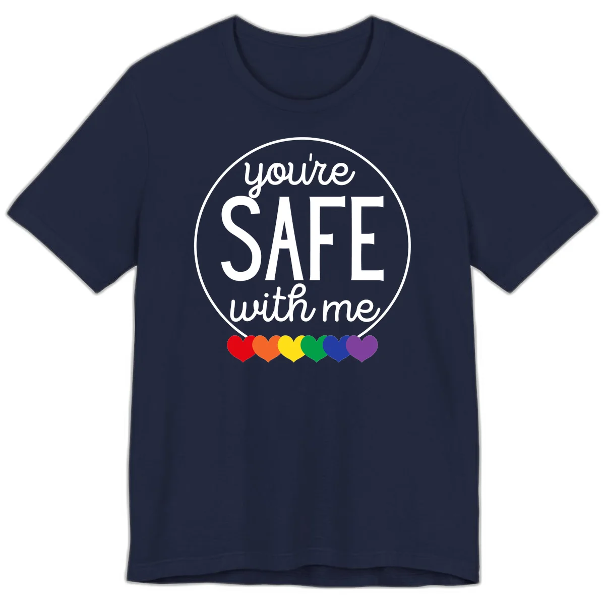Circular badge with 'you're SAFE with me' text and rainbow pride hearts, promoting inclusive safe space message in Navy