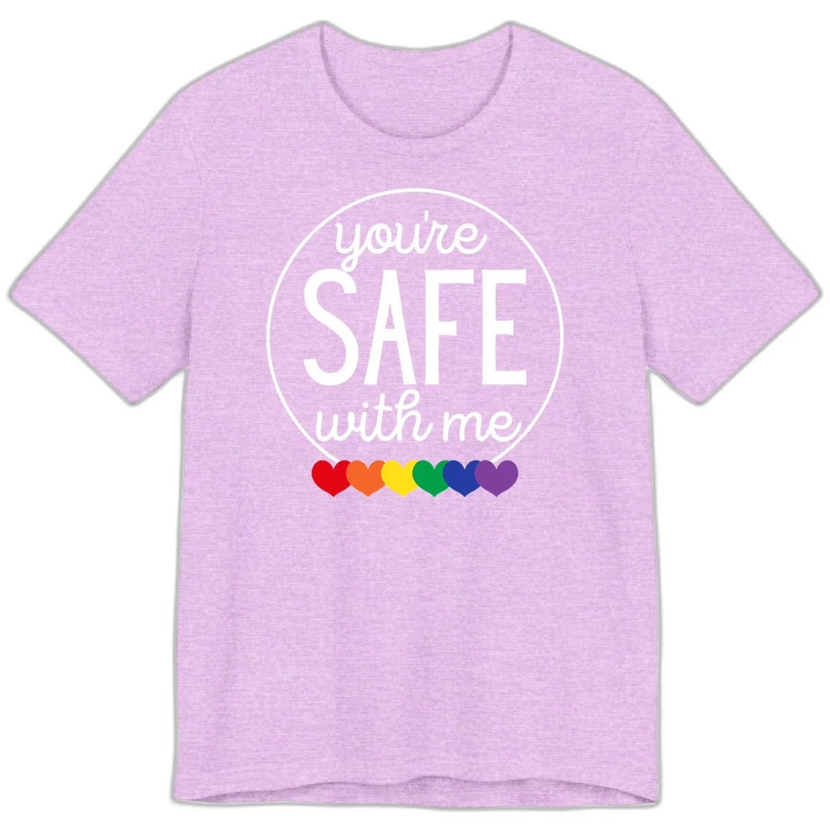 Circular badge with 'you're SAFE with me' text and rainbow pride hearts, promoting inclusive safe space message in Heather Prism Lilac