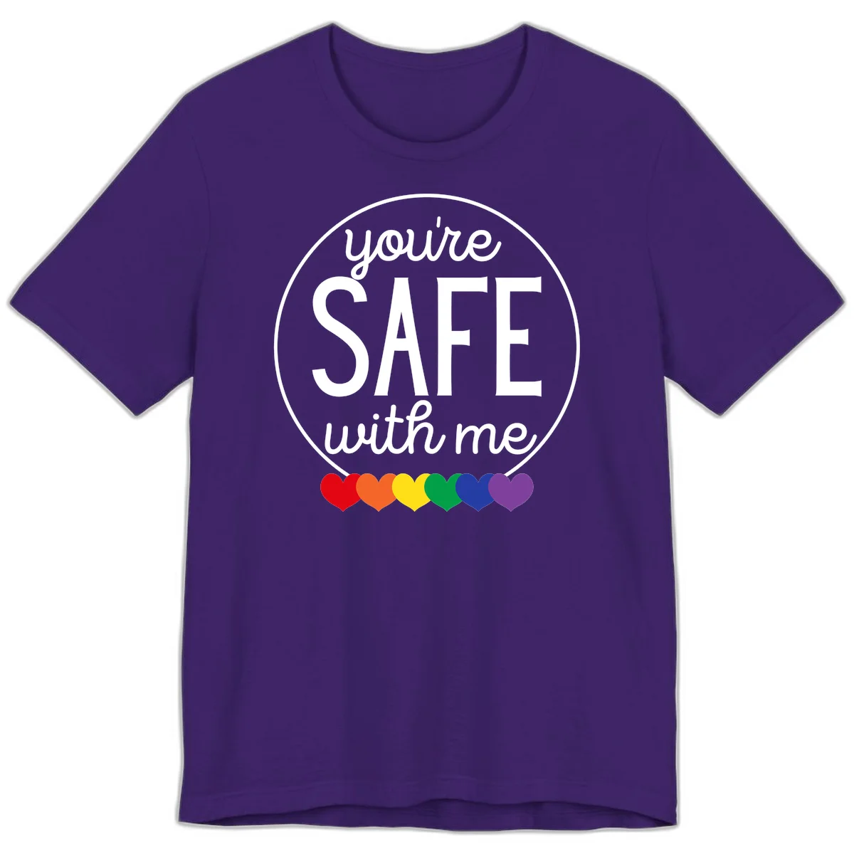 Circular badge with 'you're SAFE with me' text and rainbow pride hearts, promoting inclusive safe space message in Team Purple