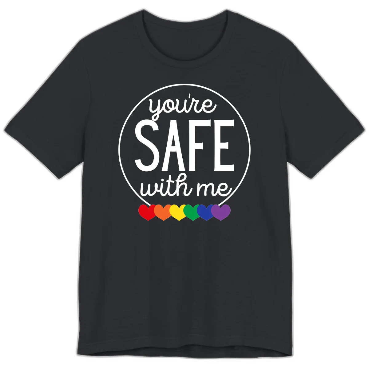 Circular badge with 'you're SAFE with me' text and rainbow pride hearts, promoting inclusive safe space message in Vintage Black