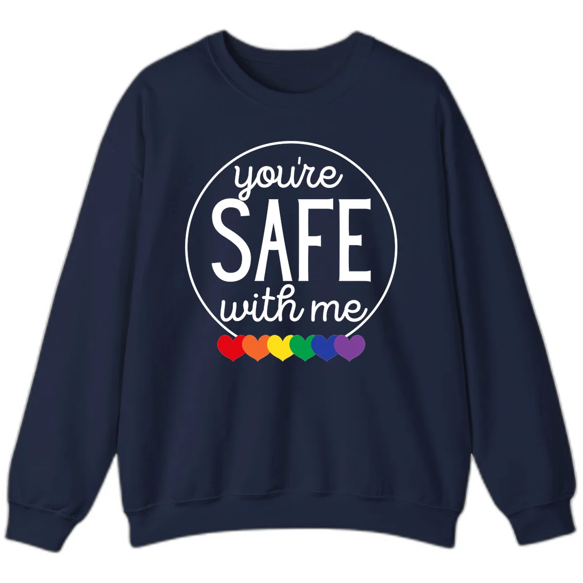 Circular badge with 'you're SAFE with me' text and rainbow pride hearts, promoting inclusive safe space message in Navy