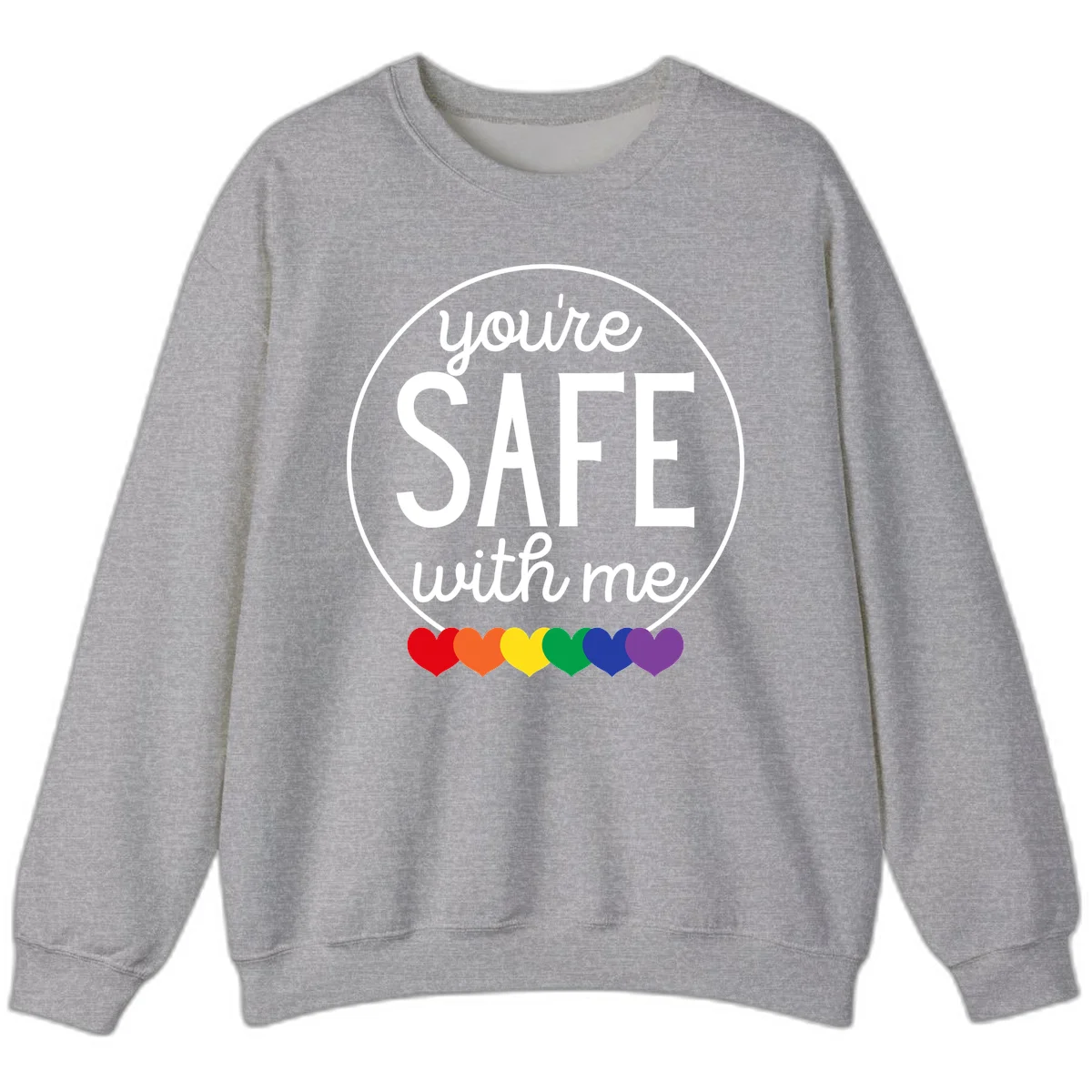Circular badge with 'you're SAFE with me' text and rainbow pride hearts, promoting inclusive safe space message in Sport Grey