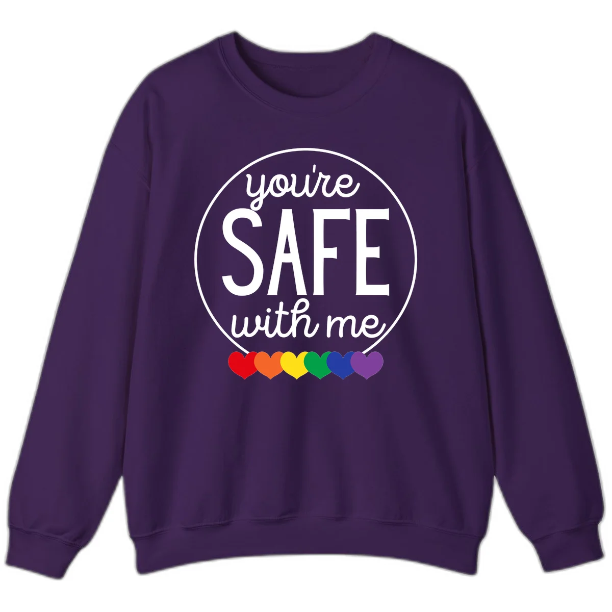 Circular badge with 'you're SAFE with me' text and rainbow pride hearts, promoting inclusive safe space message in Purple