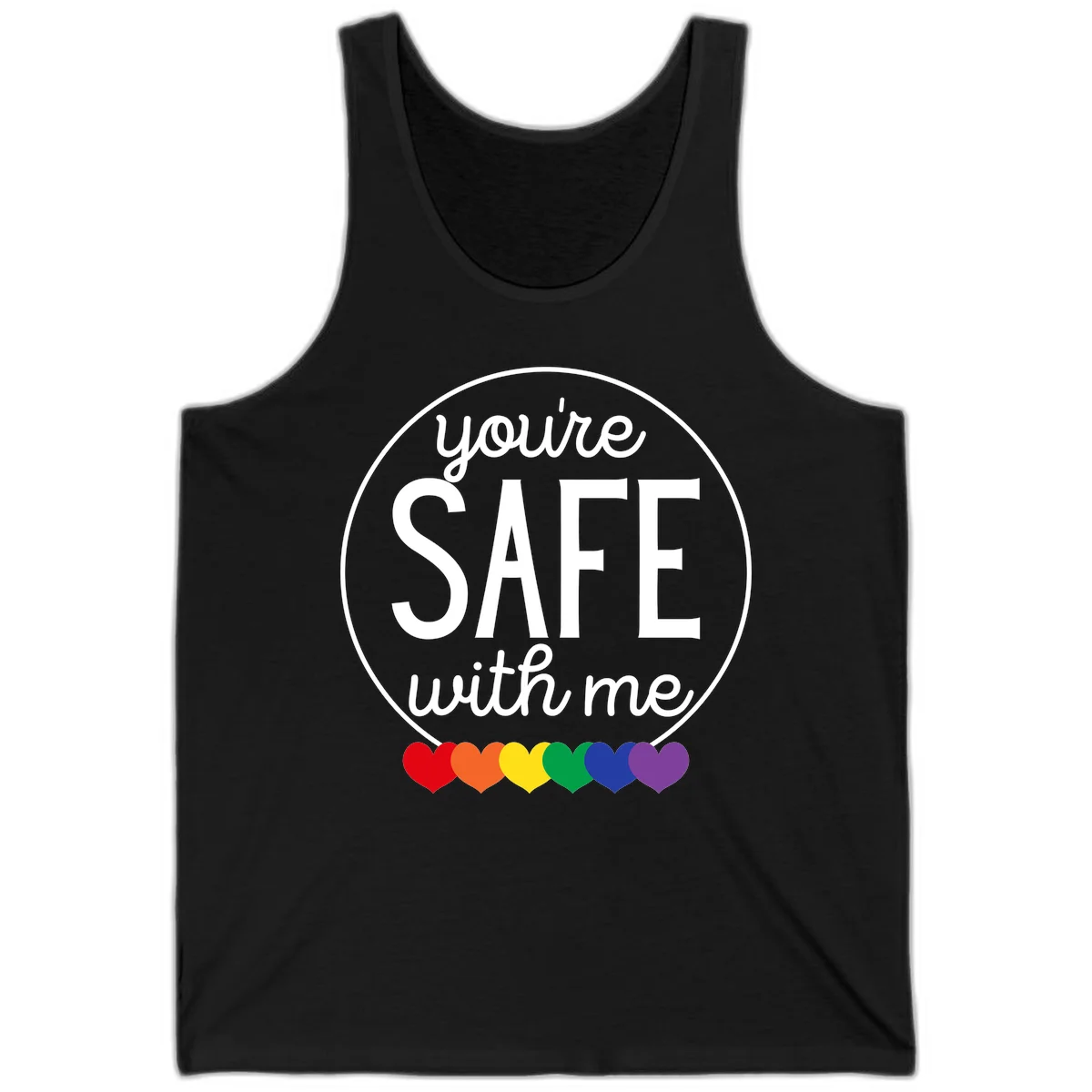 Circular badge with 'you're SAFE with me' text and rainbow pride hearts, promoting inclusive safe space message in Black