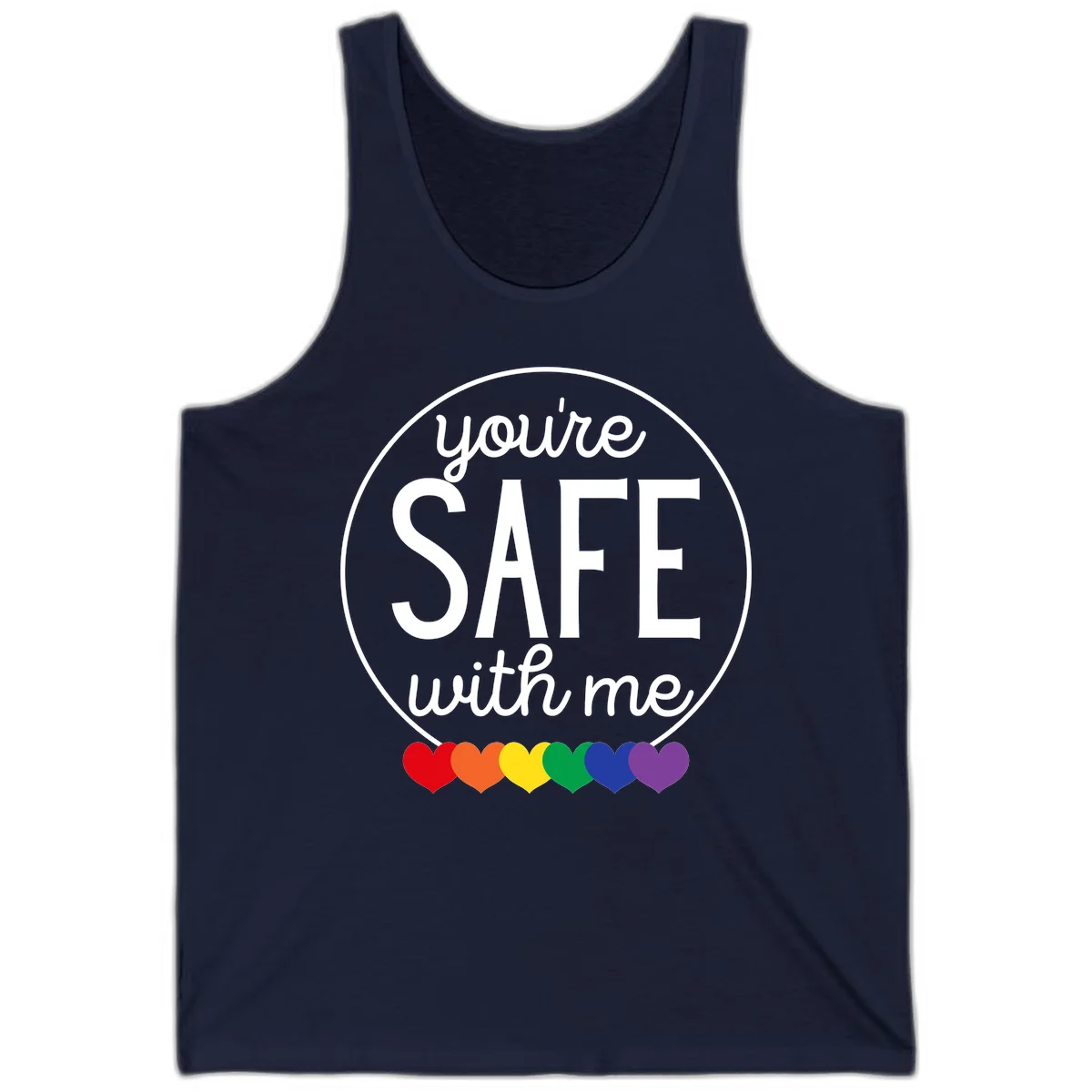 Circular badge with 'you're SAFE with me' text and rainbow pride hearts, promoting inclusive safe space message in Navy