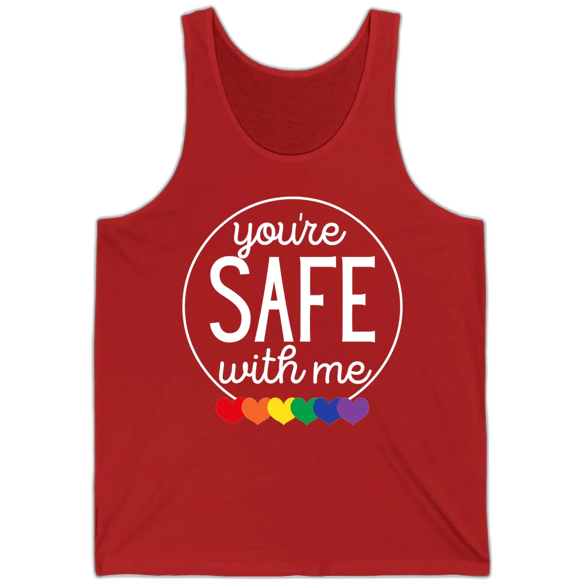Circular badge with 'you're SAFE with me' text and rainbow pride hearts, promoting inclusive safe space message in Red