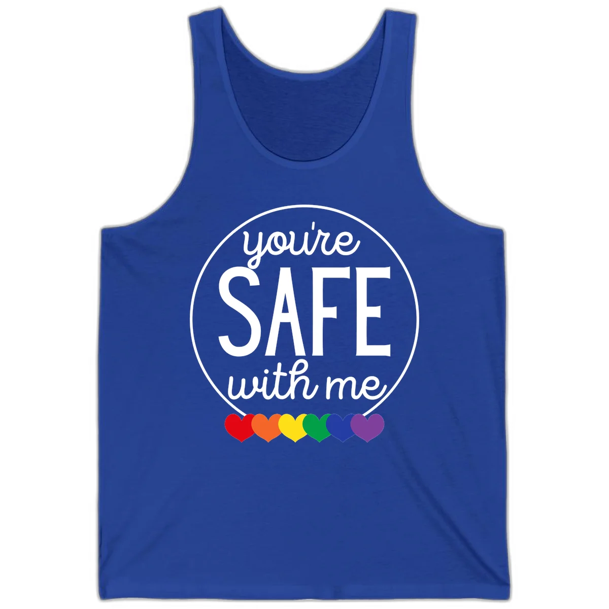 Circular badge with 'you're SAFE with me' text and rainbow pride hearts, promoting inclusive safe space message in True Royal