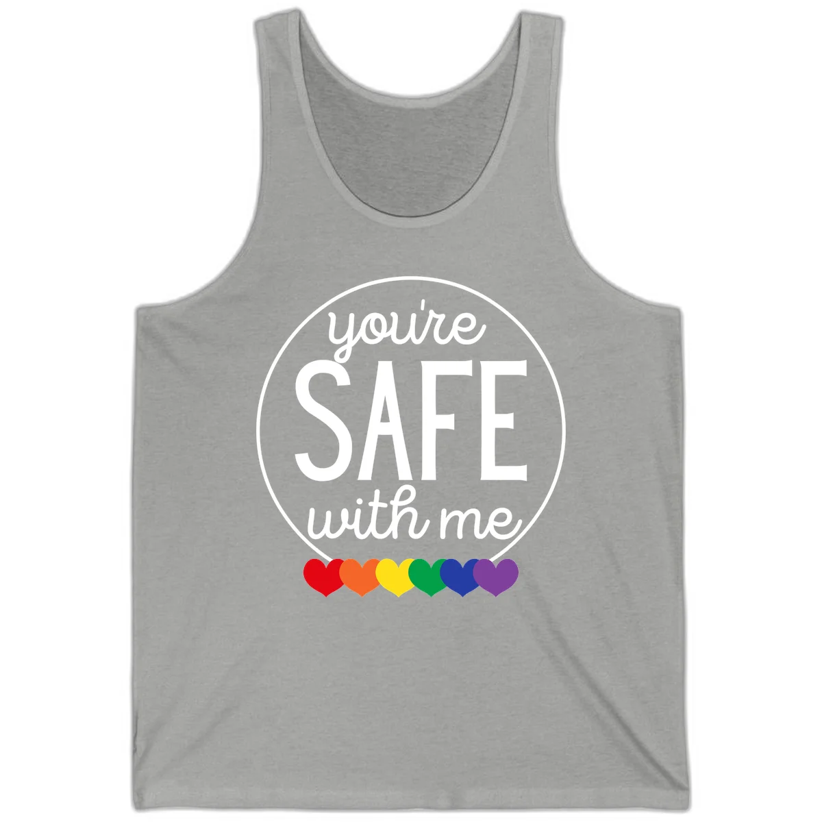 Circular badge with 'you're SAFE with me' text and rainbow pride hearts, promoting inclusive safe space message in Athletic Heather