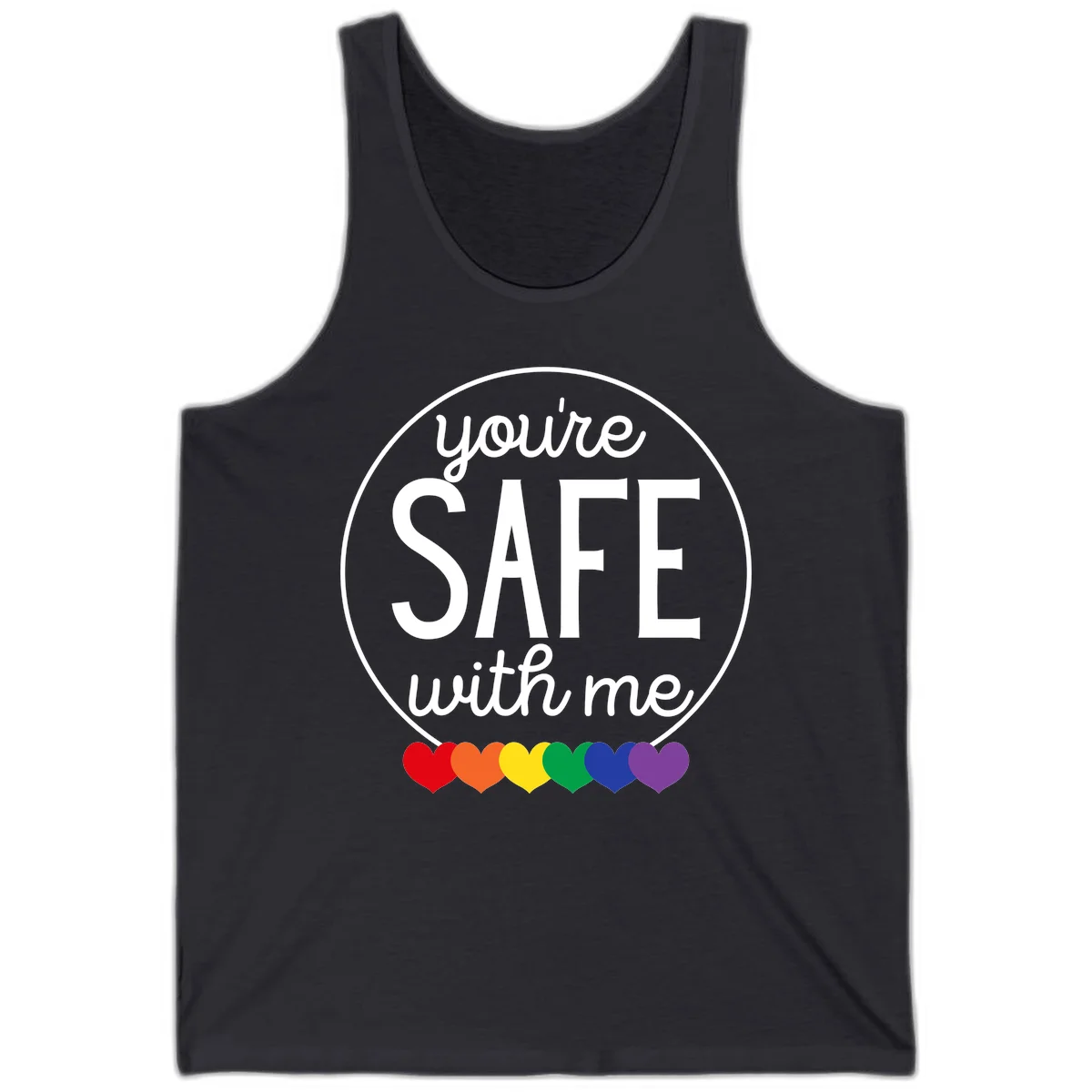 Circular badge with 'you're SAFE with me' text and rainbow pride hearts, promoting inclusive safe space message in Dark Grey