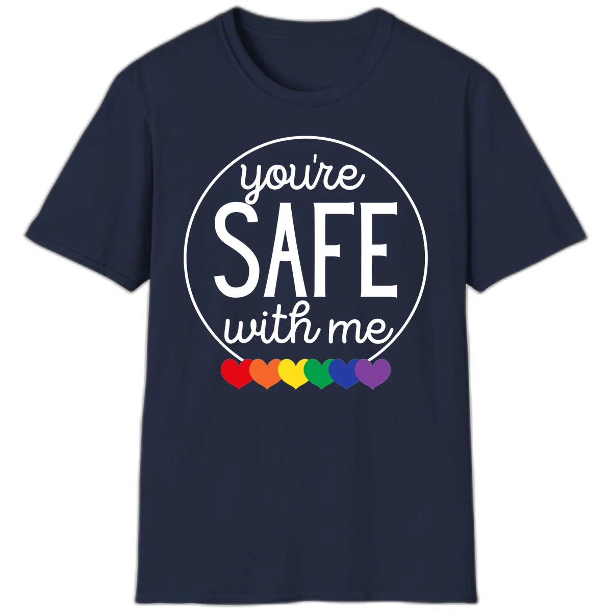 Circular badge with 'you're SAFE with me' text and rainbow pride hearts, promoting inclusive safe space message in Navy