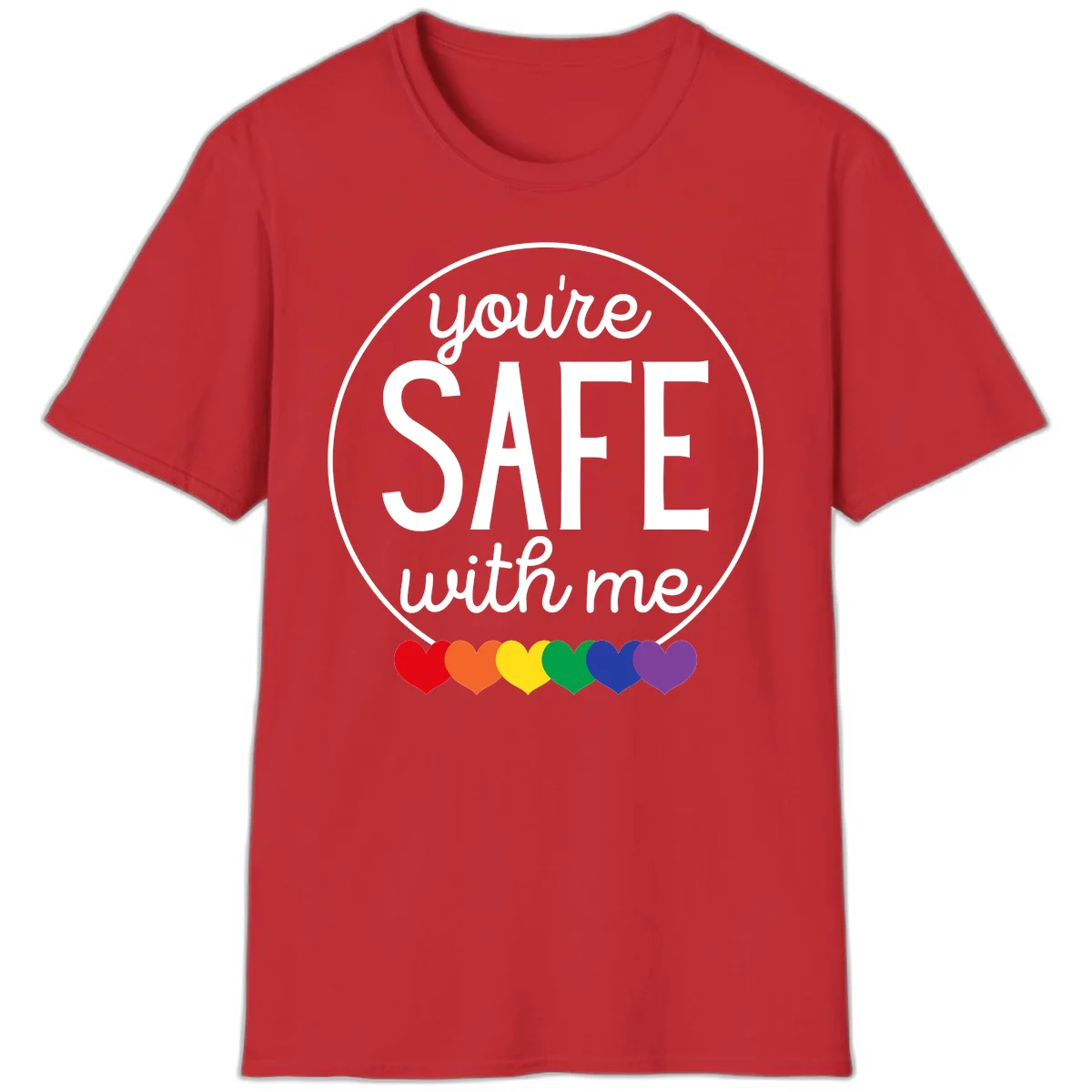 Circular badge with 'you're SAFE with me' text and rainbow pride hearts, promoting inclusive safe space message in Red