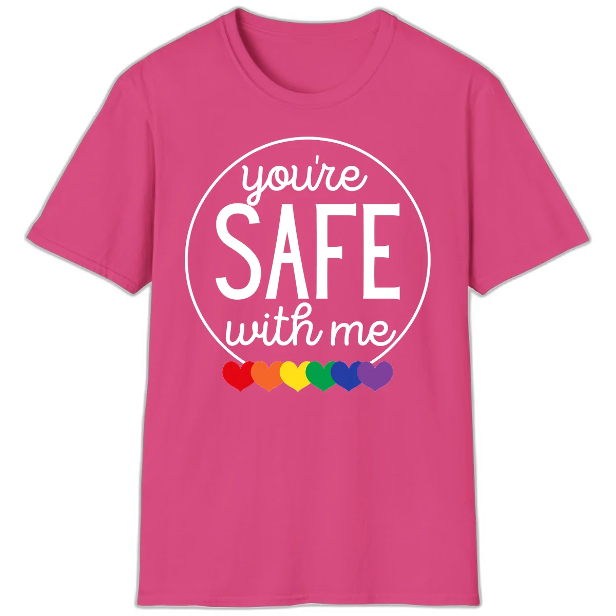 Circular badge with 'you're SAFE with me' text and rainbow pride hearts, promoting inclusive safe space message in Heliconia