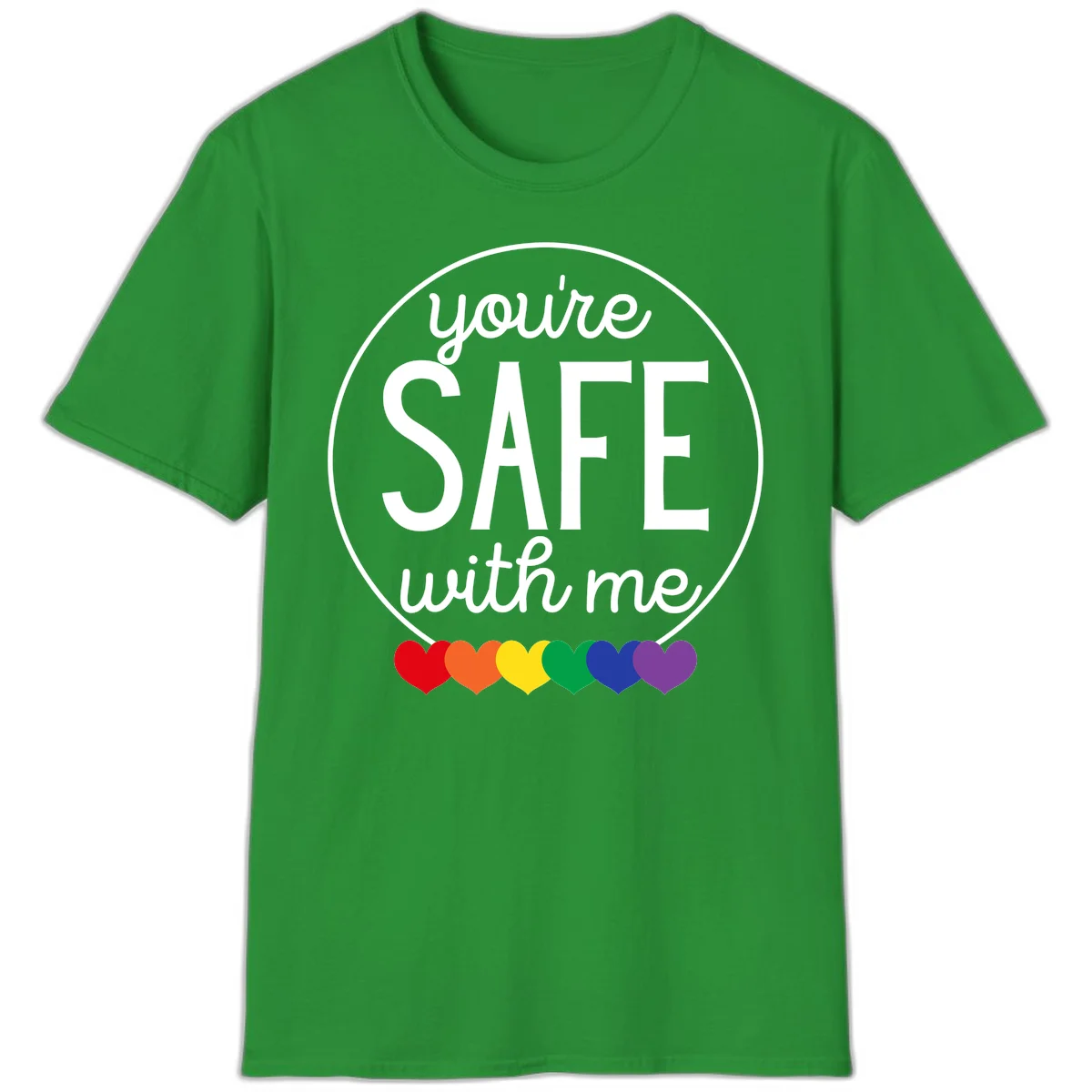 Circular badge with 'you're SAFE with me' text and rainbow pride hearts, promoting inclusive safe space message in Irish Green